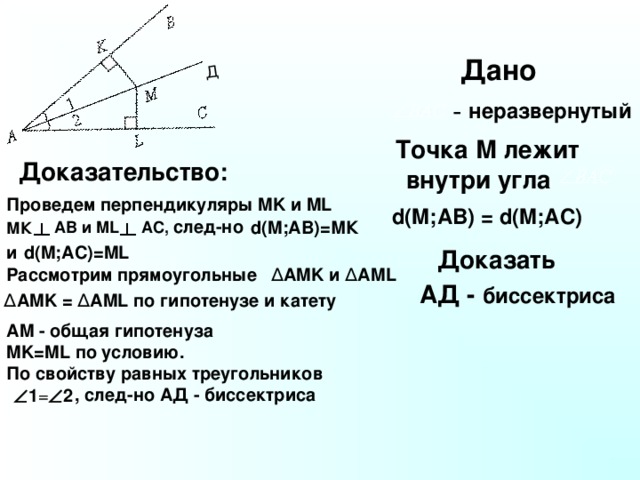 Луч ad биссектриса угла a. Внутри неразвернутого угла. Перпендикуляр из точки внутри угла. Внутри неразвернутого угла а взята точка д. М лежит внутри угла.