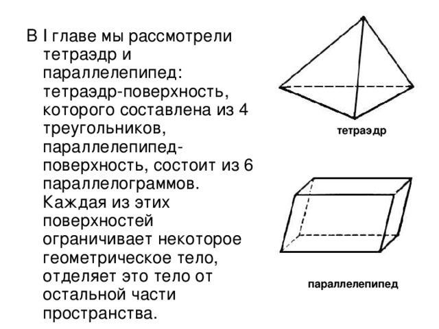В I главе мы рассмотрели тетраэдр и параллелепипед: тетраэдр-поверхность, которого составлена из 4 треугольников, параллелепипед- поверхность, состоит из 6 параллелограммов. Каждая из этих поверхностей ограничивает некоторое геометрическое тело, отделяет это тело от остальной части пространства. тетраэдр параллелепипед 