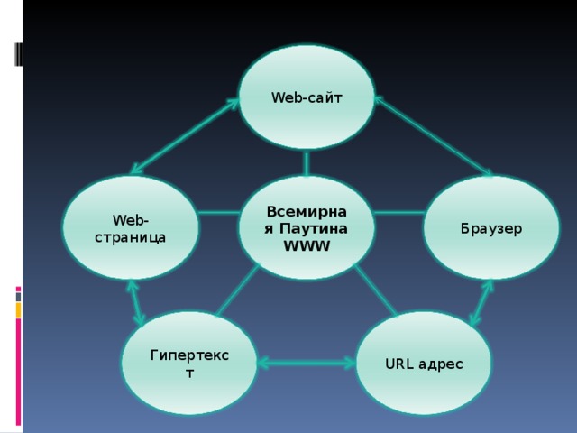 Web- сайт Web- страница Браузер Всемирная Паутина WWW URL адрес Гипертекст 
