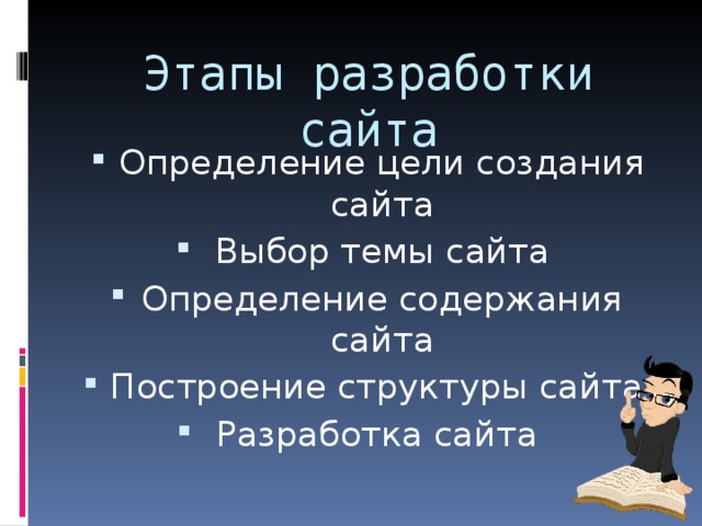 Этапы разработки сайта Определение цели создания сайта Выбор темы сайта Определение содержания сайта Построение структуры сайта Разработка сайта 