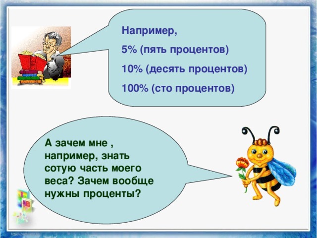 Например, 5% (пять процентов) 10% (десять процентов) 100% (сто процентов)  А зачем мне , например, знать сотую часть моего веса? Зачем вообще нужны проценты? 
