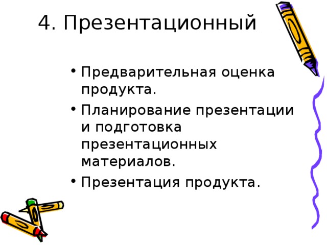 4. Презентационный Предварительная оценка продукта. Планирование презентации и подготовка презентационных материалов. Презентация продукта. 
