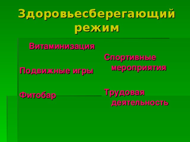 Здоровьесберегающий режим Витаминизация Витаминизация  Подвижные игры  Фитобар Спортивные мероприятия   Трудовая деятельность 