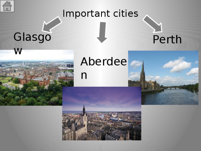 Important cities   Glasgow Рerth Аberdeen 