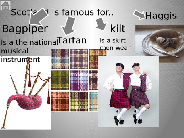 Scotland is famous for..   Haggis kilt Вagpiper Тartan is a skirt men wear Is а the national musical instrument 