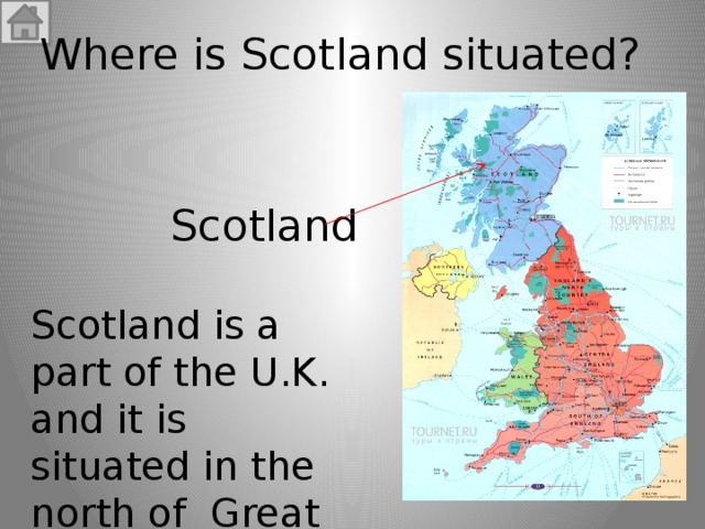 Where is Scotland situated?  Scotland Scotland is a part of the U.K. and it is situated in the north of Great Britain. 