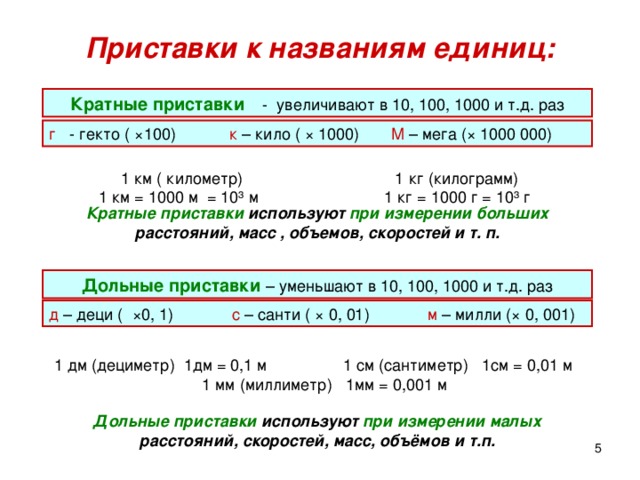 Приставки к названиям единиц: Кратные приставки - увеличивают в 10, 100, 1000 и т.д. раз г - гекто ( × 100) к – кило ( × 1000) М – мега ( × 1000 000)  1 км ( километр) 1 кг (килограмм)  1 км = 1000 м = 10 ³ м 1 кг = 1000 г = 10 ³ г Кратные приставки используют при измерении больших расстояний, масс , объемов, скоростей и т. п. Дольные приставки – уменьшают в 10, 100, 1000 и т.д. раз д – деци ( × 0, 1) с – санти ( × 0, 01) м – милли ( × 0, 001) 1 дм (дециметр) 1дм = 0,1 м 1 см (сантиметр) 1см = 0,01 м  1 мм (миллиметр) 1мм = 0,001 м Дольные приставки используют при измерении малых расстояний, скоростей, масс, объёмов и т.п.  