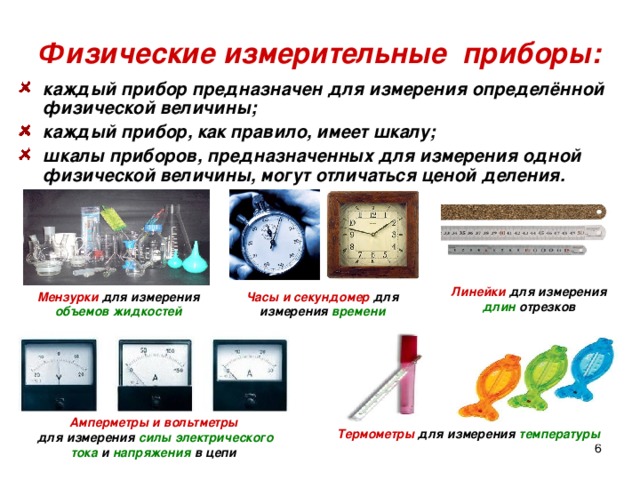 Физические измерительные приборы: каждый прибор предназначен для измерения определённой физической величины; каждый прибор, как правило, имеет шкалу; шкалы приборов, предназначенных для измерения одной физической величины, могут отличаться ценой деления.  Линейки для измерения длин отрезков Мензурки для измерения объемов жидкостей Часы и секундомер для измерения времени Амперметры и вольтметры  для измерения силы  электрического  тока и напряжения в цепи Термометры для измерения температуры  