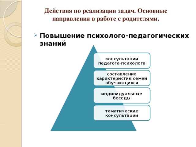 Действия по реализации задач. Основные направления в работе с родителями. Повышение психолого-педагогических знаний   консультации педагога-психолога составление характеристик семей обучающихся индивидуальные беседы тематические консультации 