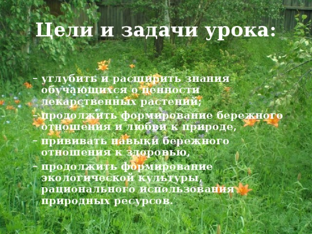 Цели и задачи урока:   углубить и расширить знания обучающихся о ценности лекарственных растений; продолжить формирование бережного отношения и любви к природе, прививать навыки бережного отношения к здоровью, продолжить формирование экологической культуры, рационального использования природных ресурсов. углубить и расширить знания обучающихся о ценности лекарственных растений; продолжить формирование бережного отношения и любви к природе, прививать навыки бережного отношения к здоровью, продолжить формирование экологической культуры, рационального использования природных ресурсов.  