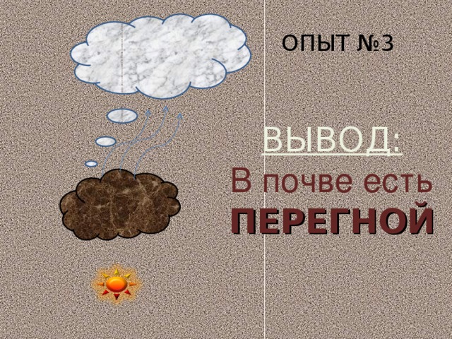 ОПЫТ №3 ВЫВОД: В почве есть ПЕРЕГНОЙ 