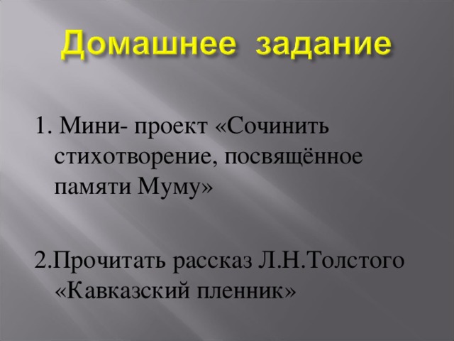 1. Мини- проект «Сочинить стихотворение, посвящённое памяти Муму» 2.Прочитать рассказ Л.Н.Толстого «Кавказский пленник» 