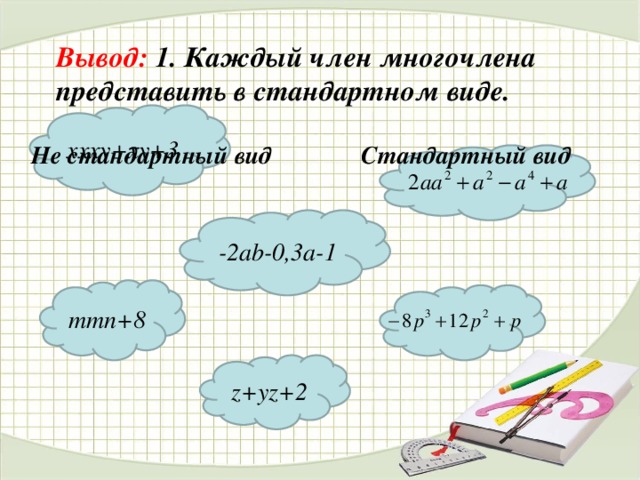 Вывод: 1.  Каждый член многочлена представить в стандартном виде. xxxy+x у +3 Стандартный вид Не стандартный вид -2ab-0,3a-1 mmn+8 z+yz+2 