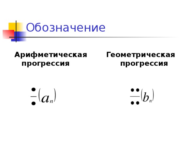 Обозначение Арифметическая прогрессия Геометрическая прогрессия 