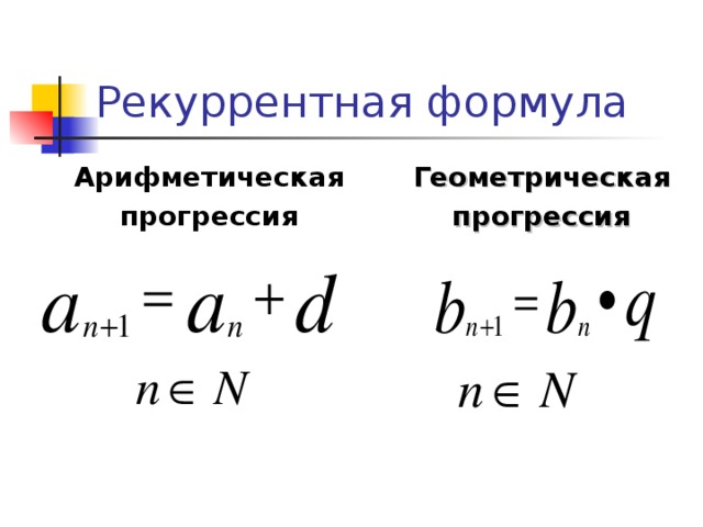 Рекуррентная формула Арифметическая прогрессия Геометрическая прогрессия 