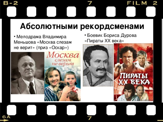 Абсолютными рекордсменами  Боевик Бориса Дурова «Пираты ХХ века»  Мелодрама Владимира Меньшова «Москва слезам не верит» (приз «Оскар») 