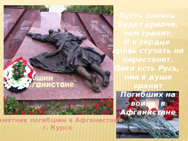Пусть память будет крепче, чем гранит. И в сердце кровь стучать не перестанет. Пока есть Русь, она в душе хранит Погибших на войне в Афганистане Памятник погибшим в Афганистане г. Курск 