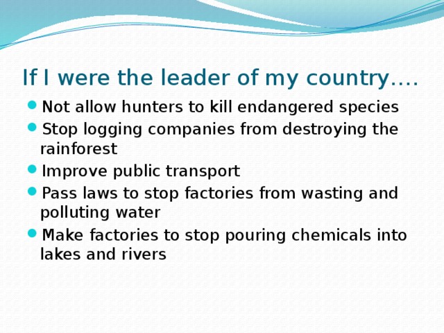 If I were the leader of my country…. Not allow hunters to kill endangered species Stop logging companies from destroying the rainforest Improve public transport Pass laws to stop factories from wasting and polluting water Make factories to stop pouring chemicals into lakes and rivers 