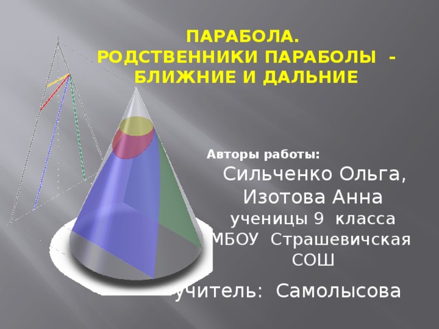 ПАРАБОЛА.  РОДСТВЕННИКИ ПАРАБОЛЫ  -   БЛИЖНИЕ И ДАЛЬНИЕ Авторы работы:  Сильченко Ольга, Изотова Анна ученицы 9 класса МБОУ Страшевичская СОШ учитель: Самолысова Татьяна Васильевна 