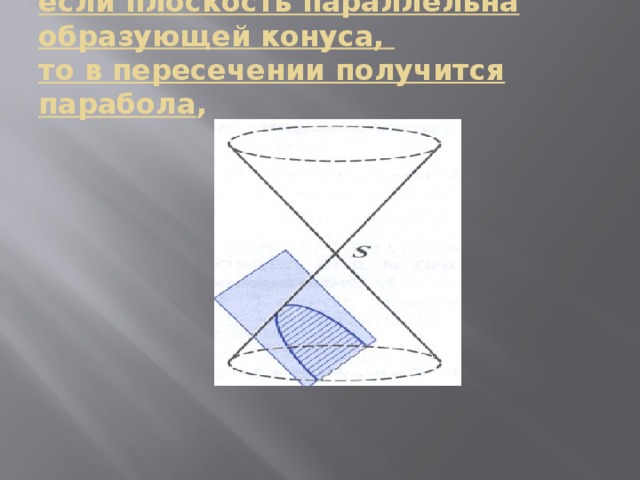 если плоскость параллельна образующей конуса,    то в пересечении получится парабола ,    