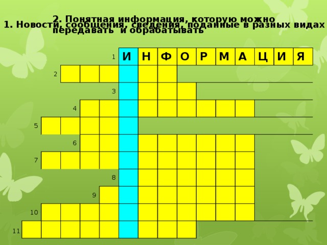 2. Понятная информация, которую можно  передавать и обрабатывать 1. Новости, сообщения, сведения, поданные в разных видах 1 2 5 4 и 6 7 Н 3 Ф 8 9 О 10 Р М А Ц И Я 11 