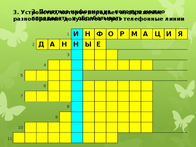 2. Понятная информация, которую можно  передавать и обрабатывать 3. Устройство, которое передает изображение  разнообразных документов через телефонные линии 1 2 Д 5 4 А Н 6 и 3 Н 7 н 8 Ф Ы Е О 9 10 Р М А Ц И Я 11 