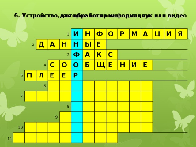 6. Устройство для обработки информации 5. Устройство, которое воспроизводит звук или видео 1 2 Д 5 А 4 6 и Н П Л 7 н Н 3 С Е 8 Ф О ф Ы А Е о 9 Е О Р 10 р К Б С Щ М Е А Н Ц И И Е Я 11 