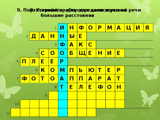 9. Портативный прибор для записи устной речи 8. Устройство для передачи звука на  большие расстояния 1 2 Д 4 5 А 6 Н П и 7 С н Л Н 3 О Е Ф ф Ф 8 Ы О К О 9 Е А Е о р Р 10 О Т К Б О Щ м С М П Е а А т П Н Ь Ц П Ю Е И И Т Л А Е Я Р Е Е Ф Р А Т О Н 11 