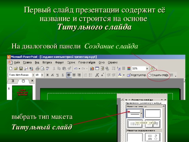 Первый слайд презентации содержит её название и строится на основе   Титульного слайда На диалоговой панели Создание слайда    выбрать тип макета Титульный слайд 
