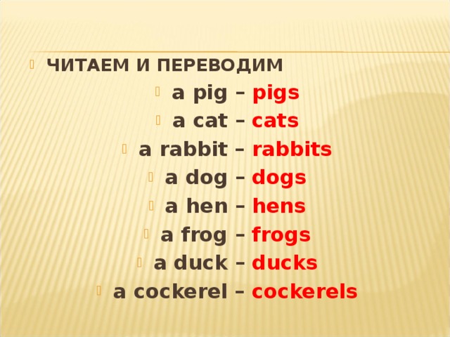 ЧИТАЕМ И ПЕРЕВОДИМ a pig – pigs a cat – cats a rabbit – rabbits a dog – dogs a hen – hens a frog – frogs a duck – ducks a cockerel – cockerels 