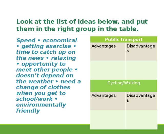 Look at the list of ideas below, and put them in the right group in the table.   Speed • economical • getting exercise • time to catch up on the news • relaxing • opportunity to meet other people • doesn’t depend on the weather • need a change of clothes when you get to school/work • environmentally friendly Public transport Advantages Disadvantages Cycling/Walking Advantages Disadvantages 