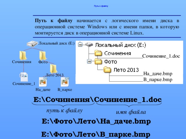 Файлы начинаются с. Путь к файлу в операционной системе Windows.... Путь к файлу Linux. Путь файла начинается с логического имени диска. Имена файлов в операционной системе Windows.