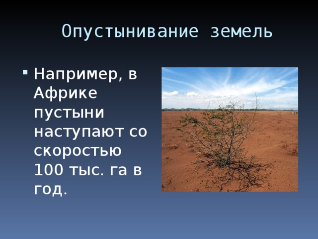 Например, в Африке пустыни наступают со скоростью 100 тыс. га в год. 