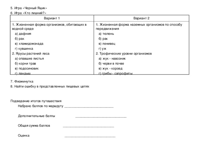 5. Игра «Черный Ящик» 6. Игра «Кто лишний?» 7. Физминутка 8. Найти ошибку в представленных пищевых цепях Подведение итогов путешествия      Набрано баллов по маршруту ___________________________      Дополнительные баллы  ____________________________      Общая сумма баллов ____________________________      Оценка ____________________________ Вариант 1 Вариант 2 1. Жизненная форма организмов, обитающих в водной среде  а) дафния  б) рак  в) хламидомонада  г) кувшинка 2. Ярусы растений леса  а) опавшие листья  б) корни трав  в) подосиновик  г) ландыш 1. Жизненная форма наземных организмов по способу передвижения  а) тюлень  б) рак  в) ленивец  г) уж 2. Трофические уровни организмов  а) жук - навозник  б) черви в почве  в) жук - короед  г) грибы - сапрофиты 
