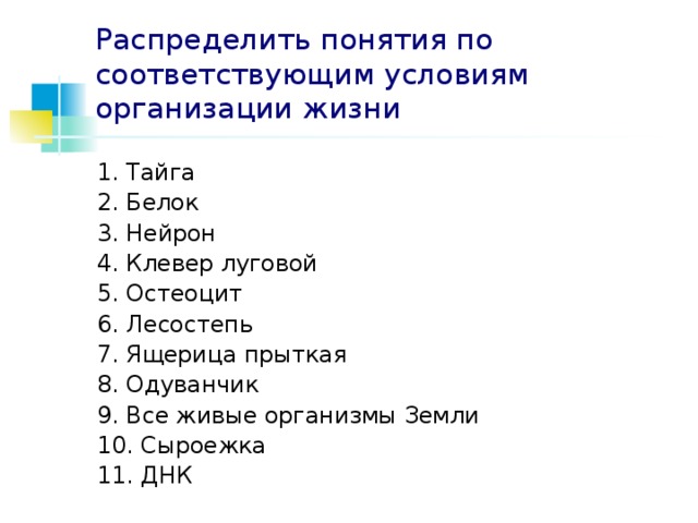 Распределить понятия по соответствующим условиям организации жизни 1. Тайга 2. Белок 3. Нейрон 4. Клевер луговой 5. Остеоцит 6. Лесостепь 7. Ящерица прыткая 8. Одуванчик 9. Все живые организмы Земли 10. Сыроежка 11. ДНК 