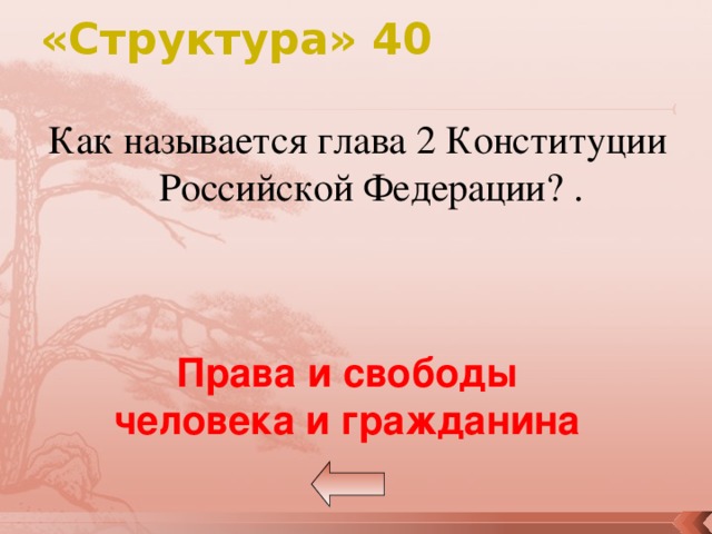 «Структура» 40 Как называется глава 2 Конституции Российской Федерации? . Права и свободы человека и гражданина 