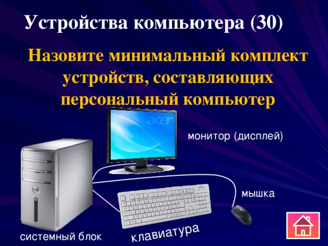 Устройства компьютера (30) клавиатура Назовите минимальный комплект устройств, составляющих персональный компьютер монитор (дисплей) мышка системный блок 