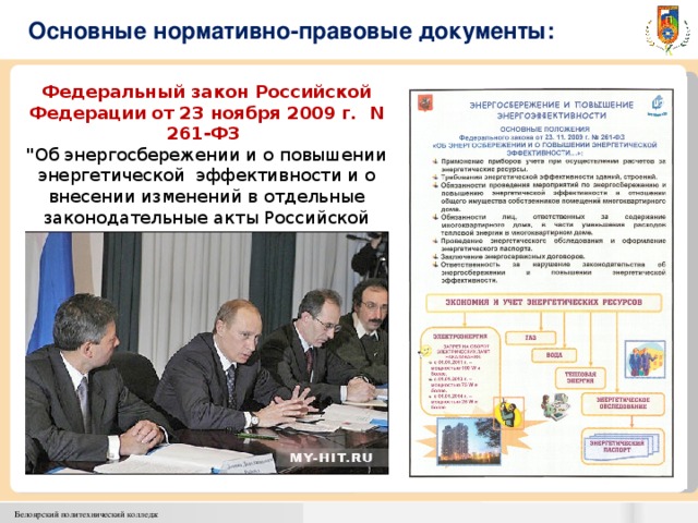 Основные нормативно-правовые документы: Федеральный закон Российской Федерации от 23 ноября 2009 г. N 261-ФЗ 