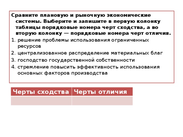 В приведенном списке указаны черты сходства потребностей. Порядковые номера черт сходства экономических систем. Сравните плановую и рыночную экономические системы выберите черты. Рыночное экономика черты сходства отличия и сходства. Экономические системы черты сходства различия.