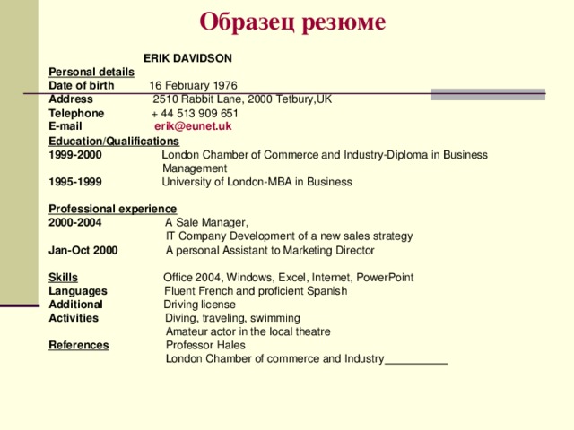 Резюме cv образец на английском образец