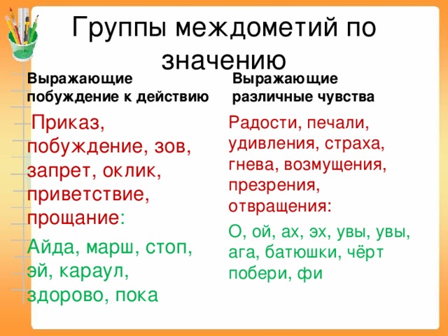 Группы междометий по значению Выражающие побуждение к действию Выражающие различные чувства  Приказ, побуждение, зов, запрет, оклик, приветствие, прощание : Айда, марш, стоп, эй, караул, здорово, пока Радости, печали, удивления, страха, гнева, возмущения, презрения, отвращения: О, ой, ах, эх, увы, увы, ага, батюшки, чёрт побери, фи 