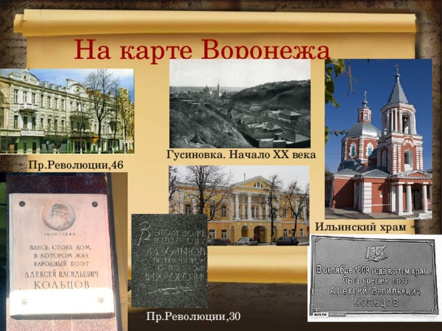 На карте Воронежа Гусиновка. Начало XX века Пр.Революции,46 Ильинский храм Пр.Революции,30 