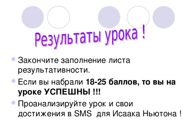 Закончите заполнение листа результативности. Если вы набрали 18-25 баллов, то вы на уроке УСПЕШНЫ !!! Проанализируйте урок и свои достижения в SMS для Исаака Ньютона ! 