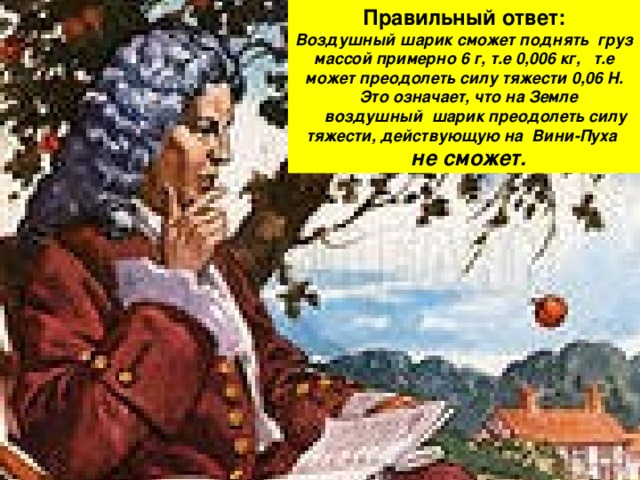 Правильный ответ: Воздушный шарик сможет поднять груз массой примерно 6 г, т.е 0,006 кг, т.е может преодолеть силу тяжести 0,06 Н.  Это означает, что на Земле  воздушный шарик преодолеть силу тяжести, действующую на Вини-Пуха  не сможет. 