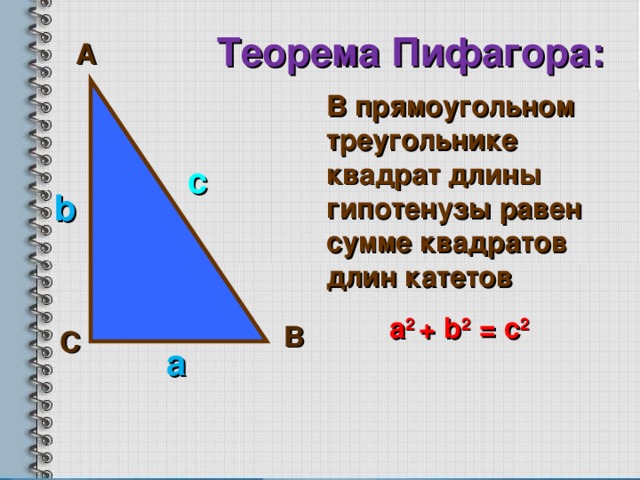  Теорема Пифагора:  А В прямоугольном треугольнике квадрат длины гипотенузы равен сумме квадратов длин катетов  а 2 + b 2 = с 2  c b В С а  
