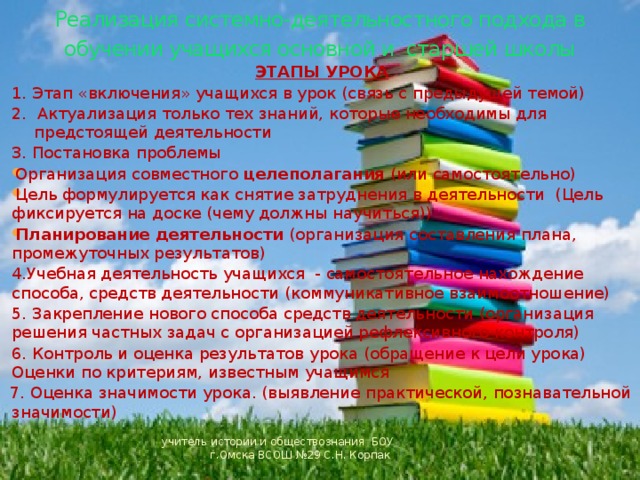 Реализация системно-деятельностного подхода в обучении учащихся основной и старшей школы ЭТАПЫ УРОКА 1. Этап «включения» учащихся в урок (связь с предыдущей темой) 2. Актуализация только тех знаний, которые необходимы для предстоящей деятельности 3. Постановка проблемы Организация совместного целеполагания (или самостоятельно) Цель формулируется как снятие затруднения в деятельности (Цель фиксируется на доске (чему должны научиться)) Планирование деятельности (организация составления плана, промежуточных результатов) 4.Учебная деятельность учащихся - самостоятельное нахождение способа, средств деятельности (коммуникативное взаимоотношение) 5. Закрепление нового способа средств деятельности (организация решения частных задач с организацией рефлексивного контроля) 6. Контроль и оценка результатов урока (обращение к цели урока) Оценки по критериям, известным учащимся 7. Оценка значимости урока. (выявление практической, познавательной значимости) учитель истории и обществознания БОУ г.Омска ВСОШ №29 С.Н. Корпак 