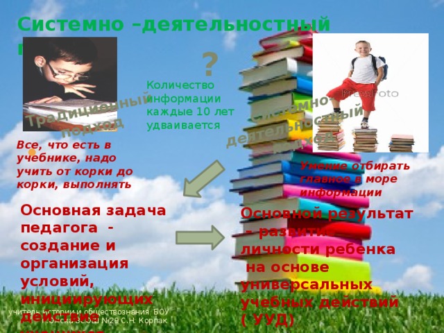 Традиционный подход Системно-деятельностный  подход Системно –деятельностный подход ? Количество информации каждые 10 лет удваивается Все, что есть в учебнике, надо учить от корки до корки, выполнять    Умение отбирать главное в море информации Основная задача педагога - создание и организация условий, инициирующих действие учащихся Основной результат – развитие личности ребенка на основе универсальных учебных действий ( УУД) учитель истории и обществознания БОУ г.Омска ВСОШ №29 С.Н. Корпак 