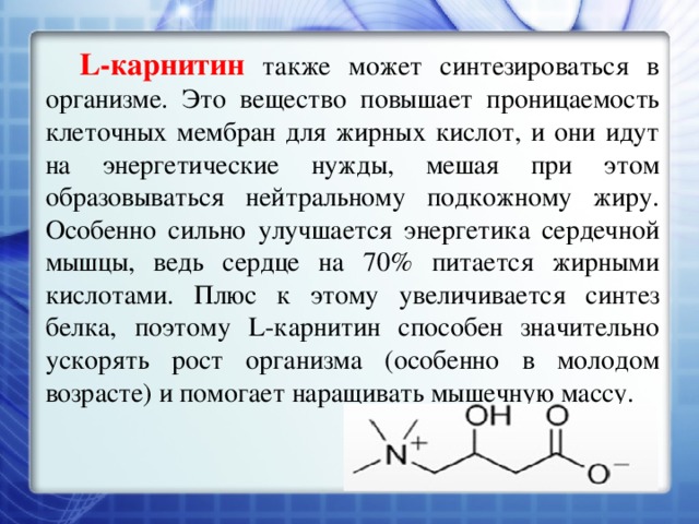 L-карнитин также может синтезироваться в организме. Это вещество повышает проницаемость клеточных мембран для жирных кислот, и они идут на энергетические нужды, мешая при этом образовываться нейтральному подкожному жиру. Особенно сильно улучшается энергетика сердечной мышцы, ведь сердце на 70% питается жирными кислотами. Плюс к этому увеличивается синтез белка, поэтому L-карнитин способен значительно ускорять рост организма (особенно в молодом возрасте) и помогает наращивать мышечную массу. 