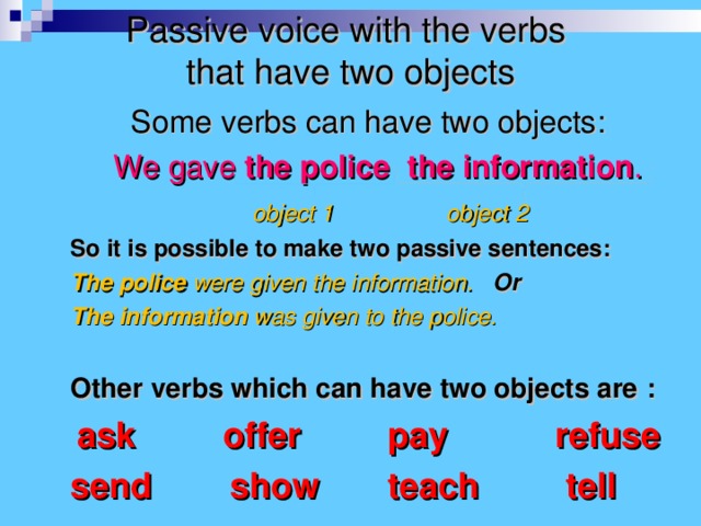 Choose the sentences in passive voice. Passive with two objects. Passive Voice with two objects. Verbs with two objects правило. Passive 2.