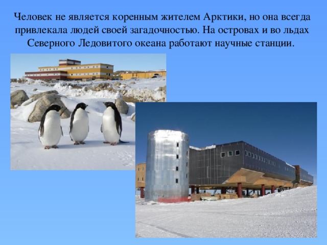 Человек не является коренным жителем Арктики, но она всегда привлекала людей своей загадочностью. На островах и во льдах Северного Ледовитого океана работают научные станции. 